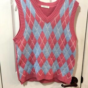 Hyxpels Women's Small Argyle Print Sweater Vest Pink/Blue/White Preppy V-neck